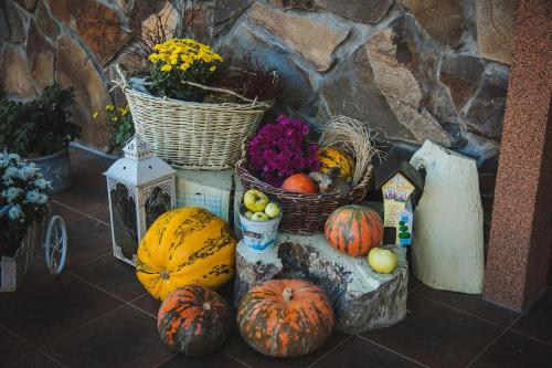 a bunch of pumpkins and a basket of flowers at Sadyba Ertash in Vyshka