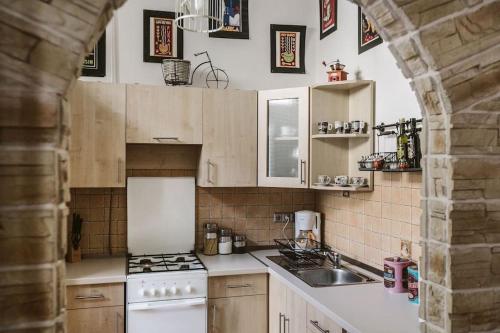 a kitchen with a white refrigerator and a sink at Apartment Caffé Latte in Budapest