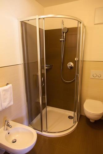a bathroom with a shower and a toilet and a sink at Residence Armonia in Colfosco