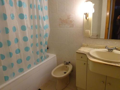 La salle de bains est pourvue d'un lavabo, de toilettes et d'un rideau de douche. dans l'établissement turquesa, à La Pineda
