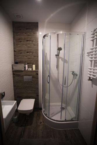 a bathroom with a shower and a toilet and a sink at Pokoje gościnne 30stka in Łęczna