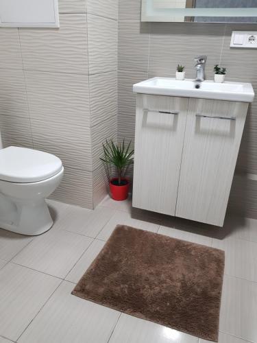 a bathroom with a white sink and a toilet at Стильные аппартаменты на Новых Домах in Kharkiv