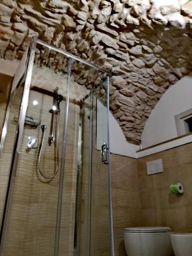a shower in a bathroom with a stone ceiling at Dormire nel Borgo in Bovino