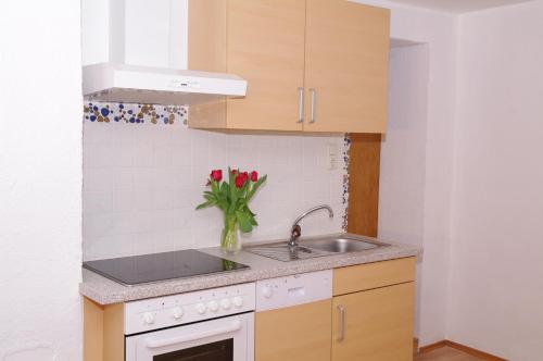 a kitchen with a sink and a vase of flowers at Haus Enzian in Thiersee