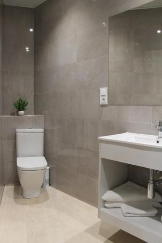 a bathroom with a white toilet and a sink at Apartamentos La Luna in La Solana