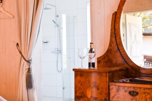 a bathroom with a shower with a mirror and a wine glass at Sydkustens at Pillehill in Skivarp