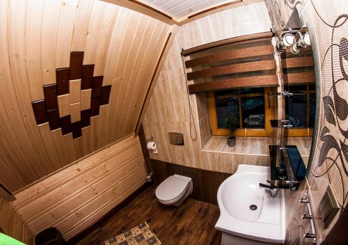 a small bathroom with a toilet and a sink at Chatka Pod Laskiem - Domki w górach in Soblówka