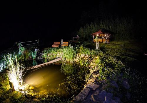 a garden with a pond and a gazebo at night at Chatka Pod Laskiem - Domki w górach in Soblówka