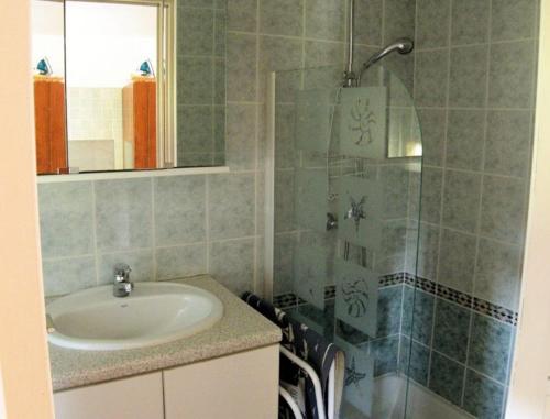 een badkamer met een wastafel en een douche bij Gîte de Pont C'Hoat in Névez