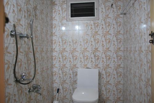 a bathroom with a shower with a toilet and a window at Casa Feliz in Fort Kochi