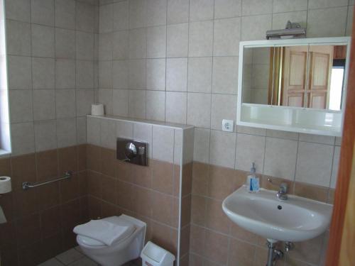 a bathroom with a sink and a toilet and a mirror at Herold Panzió in Dunabogdány