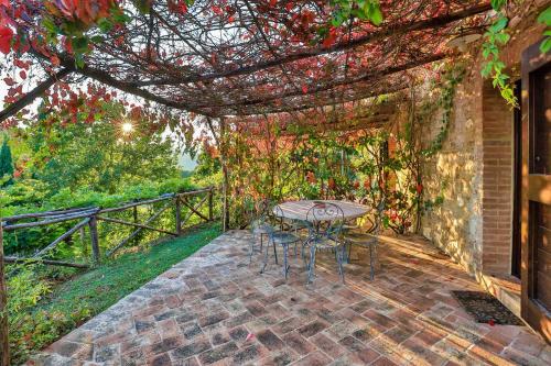 a patio with a table and chairs under a pergola at Le Mascie in Sovicille