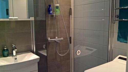 een badkamer met een douche en een wastafel bij Piriko City Centre Apartment in Rovaniemi