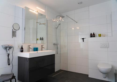 a bathroom with a sink and a shower and a toilet at Villa Mosel in Morbach
