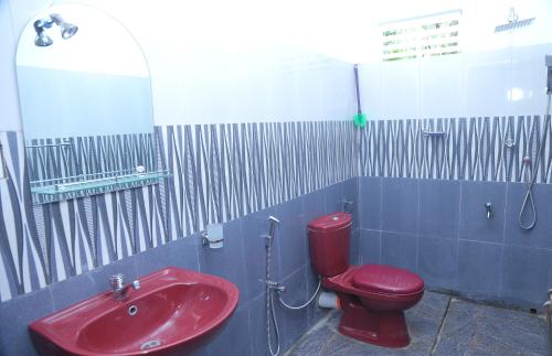a bathroom with a red toilet and a sink at Villa Sidu in Induruwa