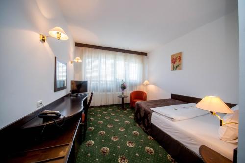 ein Hotelzimmer mit einem Bett und einem Schreibtisch in der Unterkunft Best Western Central Hotel in Arad