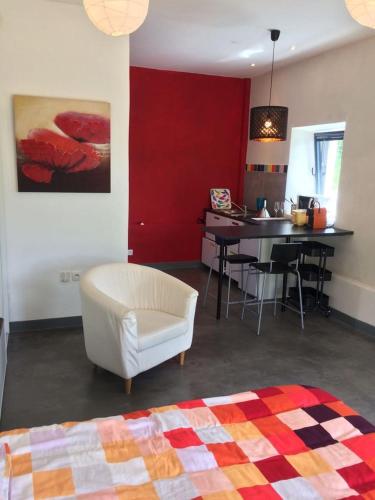 Il comprend un salon avec une chaise blanche et une cuisine. dans l'établissement Grand studio au calme à la campagne, tout prés de la ville !!!, à Venon