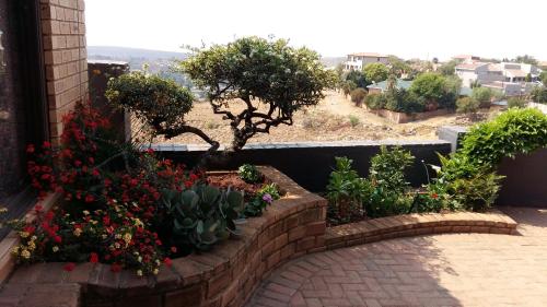 a garden with flowers and a tree on a wall at Arek's Place in Krugersdorp