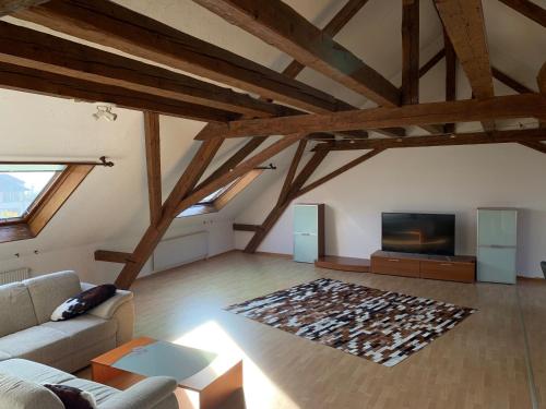 a living room with a couch and a flat screen tv at Gasthof National in Langendorf