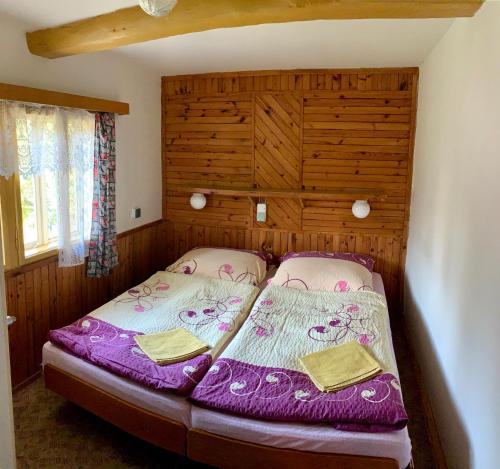 sypialnia z 2 łóżkami i fioletową pościelą w obiekcie Chaloupka v Českém Ráji w mieście Blata