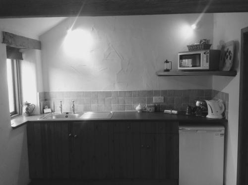 a kitchen with a sink and a microwave at Slapton Manor in Towcester