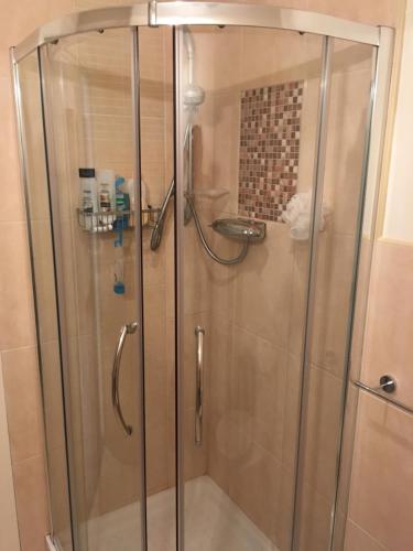 a shower with a glass door in a bathroom at Silverhill House Apartment in Enniskillen