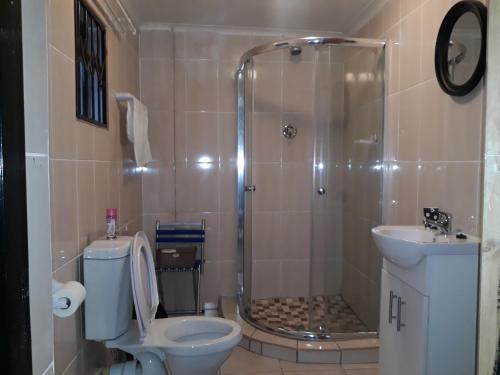 a bathroom with a shower and a toilet and a sink at Thula Du Estate - one bed apartment in Mbabane