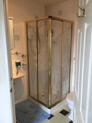 a shower stall in a bathroom with a toilet at Haselor Farm B & B in Evesham