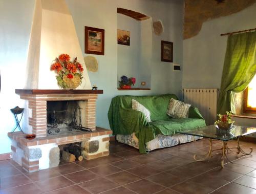 a living room with a green couch and a fireplace at Podere Mazzarelle in Castel del Piano