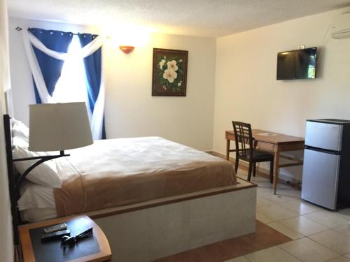 1 dormitorio con cama, mesa y escritorio en Levimar Guest House, en Levittown