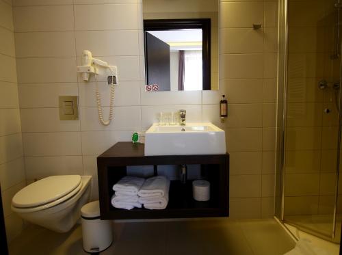 ein Badezimmer mit Waschbecken, Toilette und Dusche in der Unterkunft Malta Premium in Posen