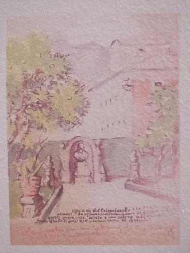 a drawing of a garden with trees and a building at B&B "La Bottega d'Arte" in Carrara