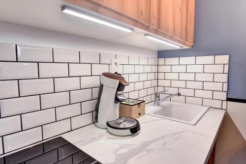 une cuisine avec un évier et un plan de travail dans l'établissement Apparts Seasons - Saint Étienne Centre - Gare Chateaucreux, à Saint-Étienne