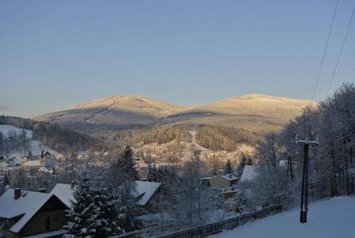 a town in the snow with mountains in the background at Apartmán Svoboda in Svoboda nad Úpou
