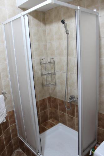 a shower with a glass door in a bathroom at Vasilij Lake view in Ohrid