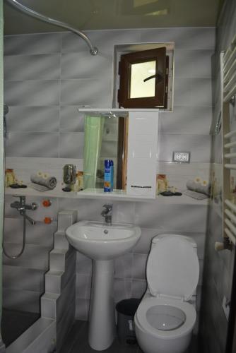 a small bathroom with a toilet and a sink at Golden Way in Tbilisi City