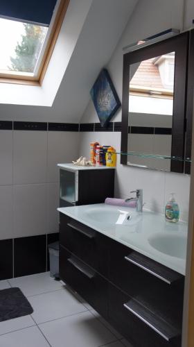 une salle de bain avec un lavabo et un miroir dans l'établissement Cœur Alsace et à 28km de Europapark, à Artolsheim