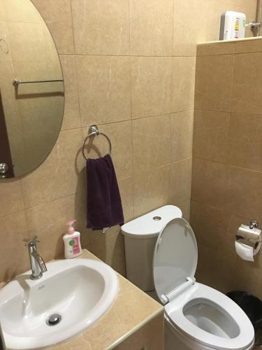 ウタイターニーにあるSUNRAY Guesthouse สุนันท์บ้านพักริมคลองのトイレ、洗面台、鏡を備えたバスルーム