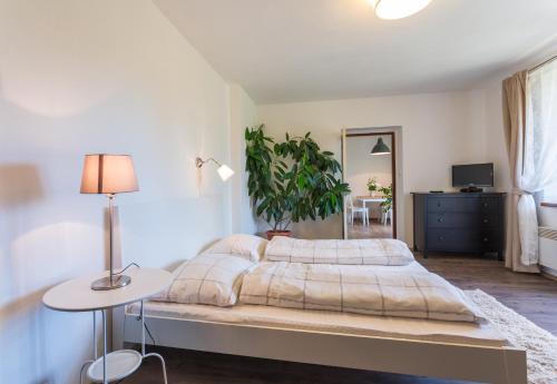 a bedroom with a large bed and a plant at Pension Tereza & Šumavské Roubenky in Sušice