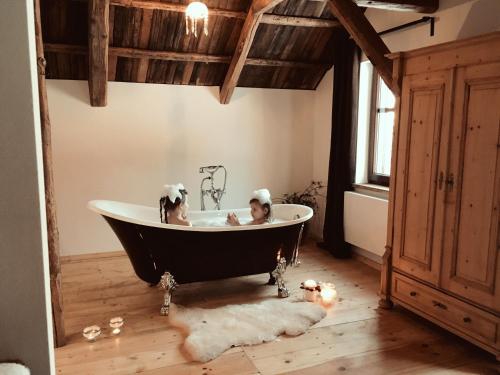two dogs sitting in a bath tub in a bathroom at Ferienhaus Berghütte Vogtland in Klingenthal in Klingenthal