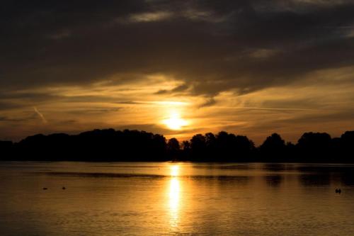 a sunset over a lake with the sun setting at Hotel Müritzterrasse in Röbel