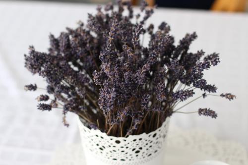 a white vase with a bunch of purple flowers at Vila Meteor in Cluj-Napoca