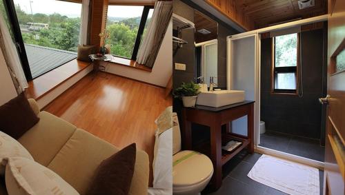 a bathroom with a couch and a sink in a tiny house at Crossing The Rainbow Bridge B&B in Chongde