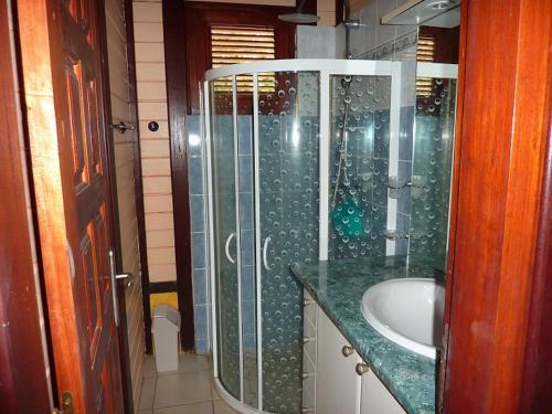 a bathroom with a glass shower and a sink at résidence la pointe marine in Deshaies