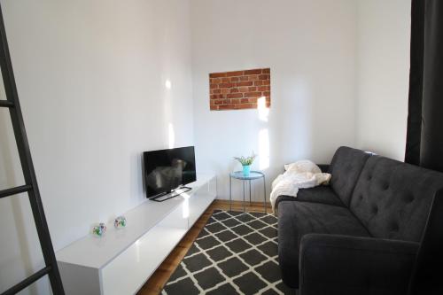 a living room with a couch and a tv at Aparthotel Tectum TectumApartments in Wrocław