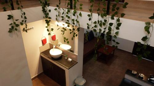 a bathroom with two sinks and plants on the wall at Mermaid Island Beach Resorts in Puducherry