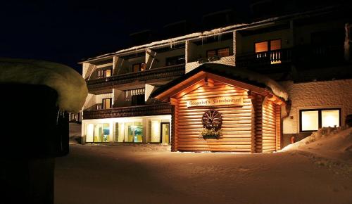 a wooden building in the snow in front of a building at Landhotel Haagerhof in Aigen im Mühlkreis