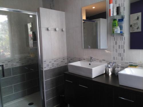 a bathroom with two sinks and a glass shower at La cité des abeilles in Villemandeur