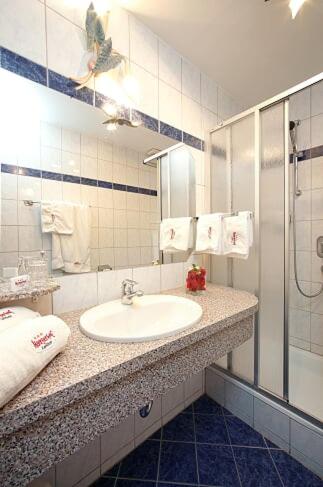 a bathroom with a sink and a shower at Landhotel Haagerhof in Aigen im Mühlkreis