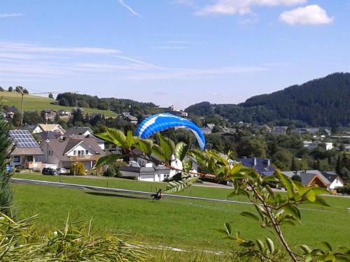 a blue parachute is flying over a green field at Ferienwohnung Sommerwind in Willingen